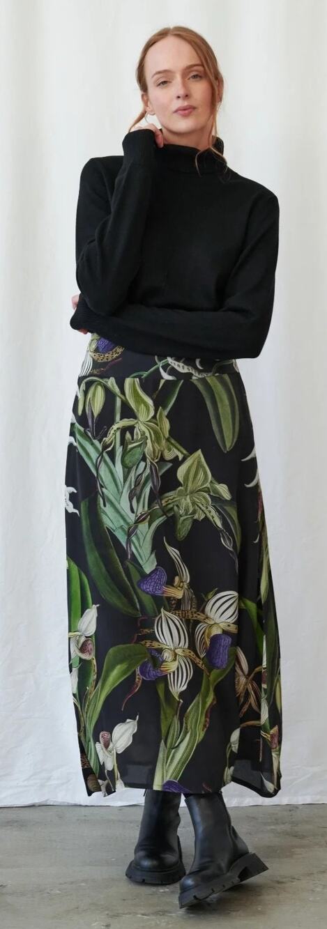 Vintage JONES NEW YORK Skirt Womens 12 Olive Silk Floral Print Side Zip Lined